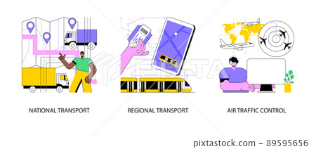 Transportation system abstract concept vector illustration set. National and regional transport, air traffic control, car driver, passenger pass, ticket office, airport radar abstract metaphor. Transportation system abstract concept vector illustration set. National and regional transport, air traffic control, car driver, passenger pass, ticket office, airport radar abstract metaphor. 89595656