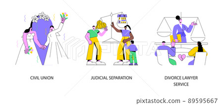 Family law abstract concept vector illustration set. Civil union, judicial separation, divorce lawyer service, parental rights, gay couple, wedding day, married couple contract abstract metaphor. Family law abstract concept vector illustration set. Civil union, judicial separation, divorce lawyer service, parental rights, gay couple, wedding day, married couple contract abstract metaphor. 89595667