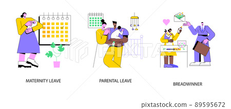 Care for children and family abstract concept vector illustration set. Maternity and parental leave, breadwinner, home office, pregnant woman, newborn child, family needs support abstract metaphor. 89595672