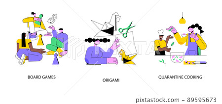 Social isolation free time abstract concept vector illustration set. Board games, origami, quarantine cooking family fun activity idea, family recipe, homemade food, stay at home abstract metaphor. Social isolation free time abstract concept vector illustration set. Board games, origami, quarantine cooking family fun activity idea, family recipe, homemade food, stay at home abstract metaphor. 89595673