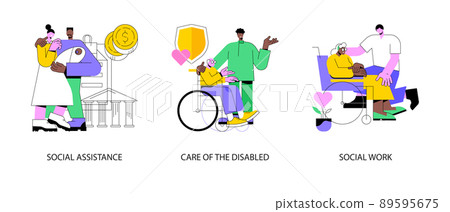 Volunteer help abstract concept vector illustration set. Social assistance, care of the disabled, social work, home nursing, caregiver support, disability care, low income, charity abstract metaphor. 89595675