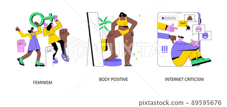 Social activism abstract concept vector illustration set. Feminism, body positive, internet criticism, girl power, gender equality, plus size brand promotion, troll message abstract metaphor. Social activism abstract concept vector illustration set. Feminism, body positive, internet criticism, girl power, gender equality, plus size brand promotion, troll message abstract metaphor. 89595676