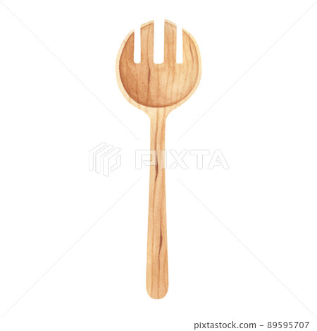 Wooden kitchen utensils: wood spoon and fork. Watercolor illustration isolated on white background. Art for design, menu 89595707