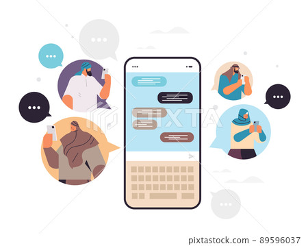 arab people typing message on smartphone arabic men women chatting in mobile app chat bubble communication arab people typing message on smartphone arabic men women chatting in mobile app chat bubble communication 89596037