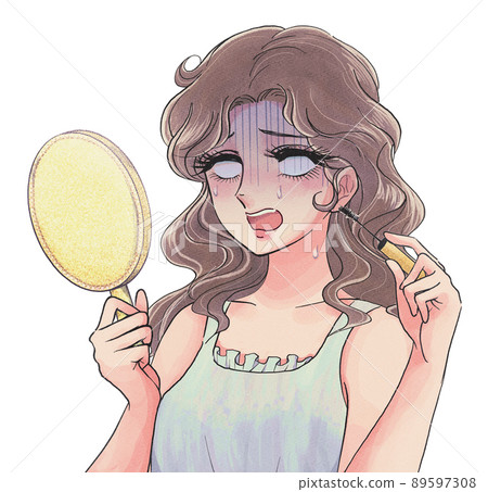 Illustration of a white-eyed woman suffering from retro shojo manga patterns and eye makeup Illustration of a white-eyed woman suffering from retro shojo manga patterns and eye makeup 89597308