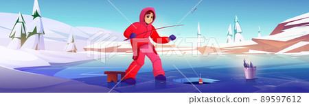 Man with rod on ice fishing Man with rod on ice fishing 89597612