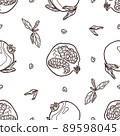 Outline pomegranate print. Brown fruit and leaves on white background. Illustration for textile, covering 89598045