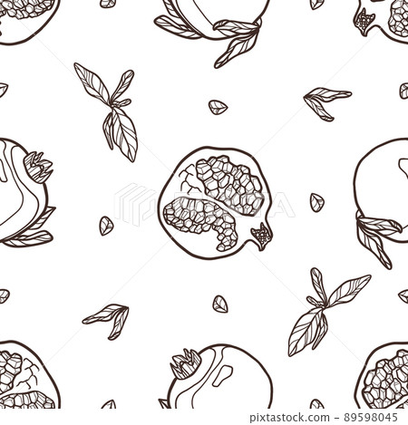 Outline pomegranate print. Brown fruit and leaves on white background. Illustration for textile, covering 89598045