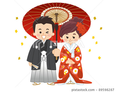 Bride and groom in kimono, crested hakama, color strike wedding 89598287