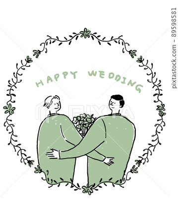 Two men with flowers, gay couple wedding, flower frame, with text (vertical, large size, centered) 89598581