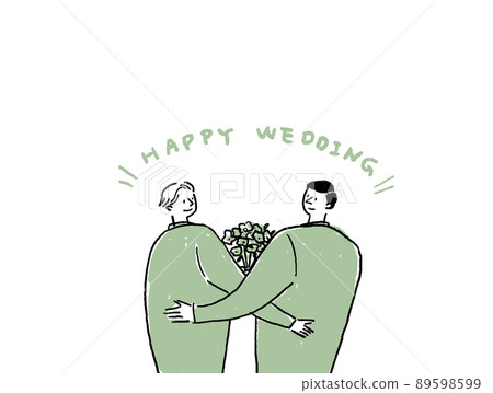 Two men with flowers, gay couple wedding, with text (horizontal, centered) 89598599