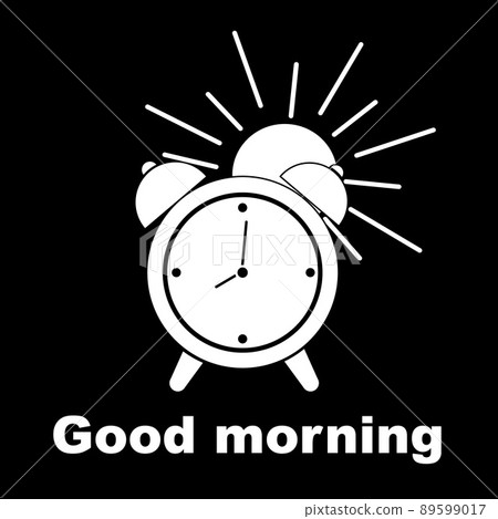 An alarm clock with the sun, a simple icon, a linear symbol, a good morning banner. White icon on a black background An alarm clock with the sun, a simple icon, a linear symbol, a good morning banner. White icon on a black background 89599017