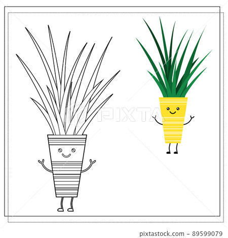 Coloring book for children. Paint a cute cartoon flower in a pot based on the drawing. Coloring book for children. Paint a cute cartoon flower in a pot based on the drawing. 89599079