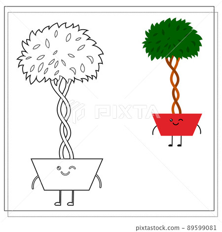 Coloring book for children. Paint a cute cartoon flower in a pot based on the drawing. 89599081