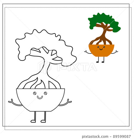 Coloring book for children. Paint a cute cartoon flower in a pot based on the drawing. 89599087