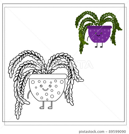 Coloring book for children. Paint a cute cartoon flower in a pot based on the drawing. 89599090