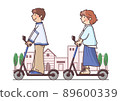 一對年輕夫婦在電動滑板上享受約會（有城市背景） 89600339