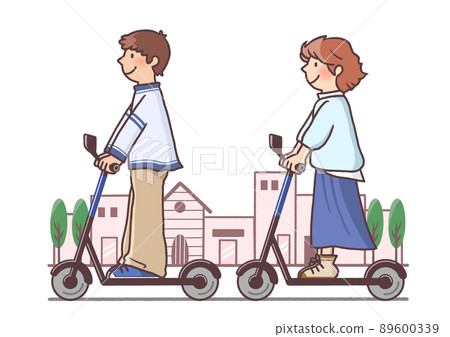 A young couple enjoying a date on an electric kickboard (with a city background) 89600339