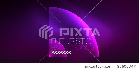 Shiny neon geometric abstract background. Glowing lights on round shapes, triangles and circles. Wallpaper for concept of AI technology, blockchain, communication, 5G, science, business Shiny neon geometric abstract background. Glowing lights on round shapes, triangles and circles. Wallpaper for concept of AI technology, blockchain, communication, 5G, science, business 89600347