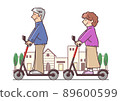老年夫婦在電動滑板上享受約會（有城市背景） 89600599