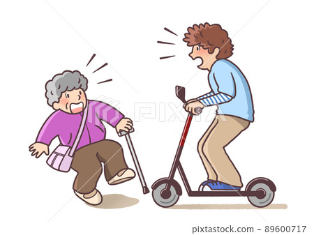 A young man who is impatient when he is about to collide with his grandmother while driving on an electric kickboard A young man who is impatient when he is about to collide with his grandmother while driving on an electric kickboard 89600717