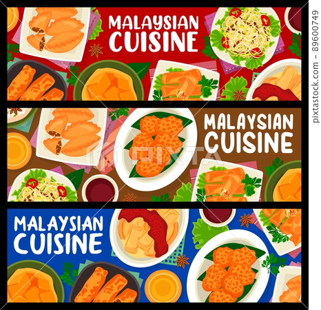 Malaysian cuisine meals banners vector tofu pudding and nasi lemak rice. Prawn noodle soup, braised bean curd with mushrooms and banana leaf rice with beef noodle soup tarditional Malaysia food dishes 89600749
