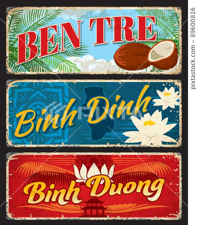 Ben Tre, Binh Dinh and Binh Duong, Vietnamese travel stickers and vector plates. Vietnam regions and provinces tin signs or metal plates with landmarks and national symbol of sea, coconut and flower 89600816