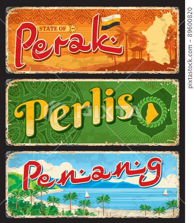 Perak, Penang and Perils, Malaysian regions travel stickers and plates, vector tin signs. Malaysia provinces or states vintage luggage tags with tourism landmarks and Malaysian region symbols 89600820