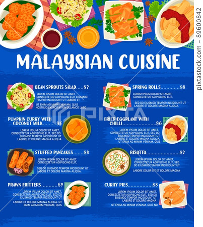 Malaysian cuisine menu for Asian restaurant food dishes and meals, vector. Malaysian cuisine lunch or dinner food menu for spring rolls, risotto and eggplant with chilli, prawn fritters and pancakes Malaysian cuisine menu for Asian restaurant food dishes and meals, vector. Malaysian cuisine lunch or dinner food menu for spring rolls, risotto and eggplant with chilli, prawn fritters and pancakes 89600842