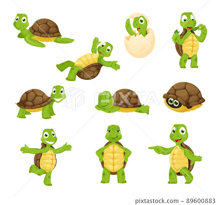 Cartoon turtle personage, cute tortoise animal characters. Funny little vector turtles smiling, sleep, hatch of an egg, walking and swim. Friendly aquatic and terrestrial reptilians, adorable reptiles 89600883