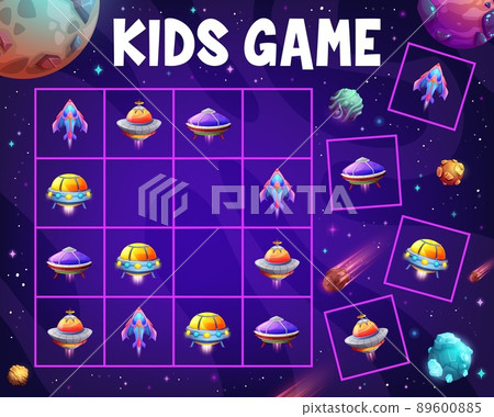 Sudoku kids game ufo, spaceship and alien starship shuttles. Vector worksheet maze puzzle with space engines. Cartoon riddle page with cosmic rockets, saucers on board. Educational boardgame task 89600885
