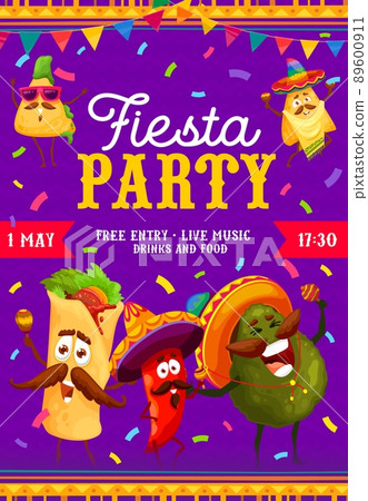 Fiesta party flyer, cartoon mexican food characters. Vector poster with burrito, jalapeno, nachos and avocado personages in traditional sombrero hats playing maracas. Cinco de Mayo holiday celebration 89600911