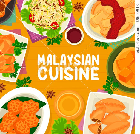 Malaysian cuisine menu cover vector beef and prawn noodle soups, tofu pudding and nasi lemak rice. Braised bean curd with mushrooms, banana leaf rice tarditional food meals of Malaysia, asian dishes 89600918