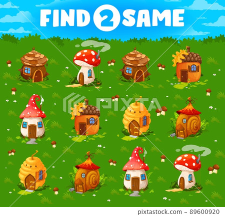 Find two same fairytale cartoon houses kids game worksheet. Preschool child quiz, differences matching playing activity or children logical riddle with similarity finding task. Kids educational puzzle Find two same fairytale cartoon houses kids game worksheet. Preschool child quiz, differences matching playing activity or children logical riddle with similarity finding task. Kids educational puzzle 89600920