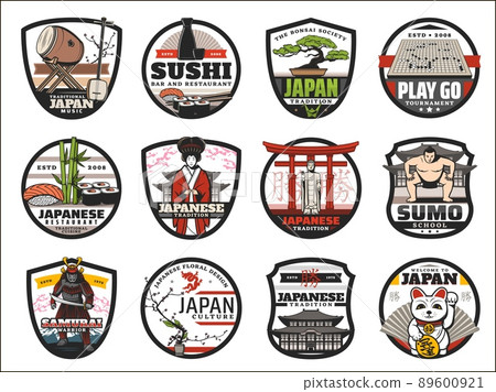 Japan isolated icons with vector Japanese sushi food, bonsai and samurai, geisha, sake and sakura, pagoda, drum and torii gate. Japanese travel landmark, oriental culture and Asian tradition badges Japan isolated icons with vector Japanese sushi food, bonsai and samurai, geisha, sake and sakura, pagoda, drum and torii gate. Japanese travel landmark, oriental culture and Asian tradition badges 89600921
