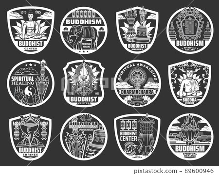 Buddhism religion symbols, Buddhist signs of meditation and Zen, vector icons. Buddhism shrines and temples, Yin Yang signs, swastika, lotus and Dharma wheel, Buddhist practice and spiritual healing 89600946