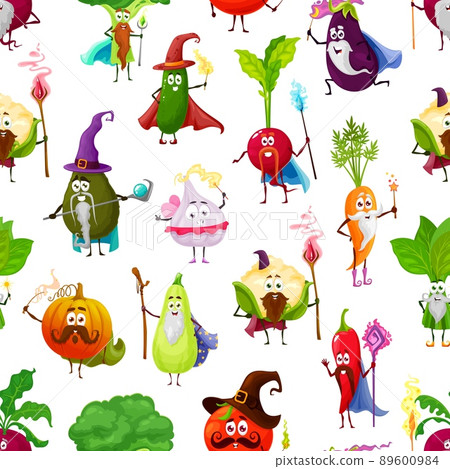 Cartoon vegetables, fairy wizards, warlock mages and magician characters, vector seamless pattern background. Vegetables wizards magicians with magic wands, pumpkin and cucumber with pepper and carrot 89600984