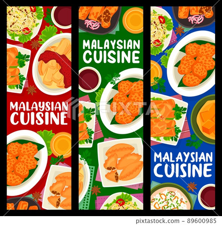 Malaysian cuisine meals banners vector braised bean curd with mushrooms, beef noodle soup, tofu pudding and nasi lemak rice. Prawn noodle soup, banana leaf rice food of Malaysia, exotic asian dishes 89600985