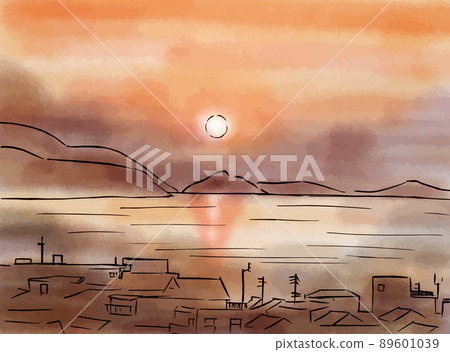 瀨戶內海和落日的水彩風格景觀插圖 89601039