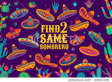 Find two same Mexican sombrero hats, kids game worksheet, vector puzzle. Riddle game to find and match correct similar sombrero and cactus, cartoon tabletop puzzle and logic game 89601046