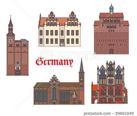 Germany, Tangermunde, Stendal and Havelberg buildings, vector architecture landmarks. Germany Saxony Anhalt architecture of St Nicolas Church or Sankt Nikolaus Dom, Saint Stephan kirche and Rathaus 89601049