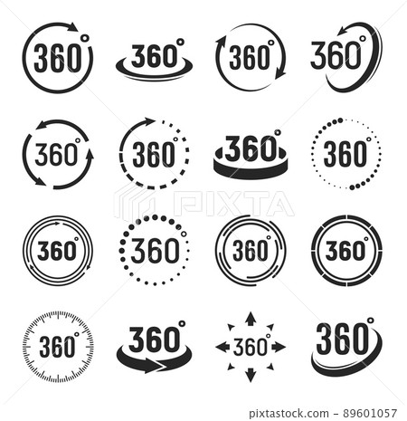 360 degrees camera rotate vector icons or 3d perspective virtual panorama signs. 360 degree angle view circles and arrows of vr or virtual reality tour, simulation game or map 89601057
