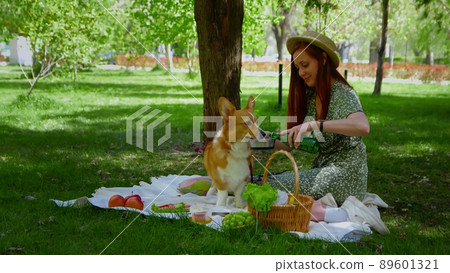 A young woman is relaxing with her dog on a picnic in the park. The girl drinks water from a bottle and pours it into a bowl for the dog. Picnic in nature A young woman is relaxing with her dog on a picnic in the park. The girl drinks water from a bottle and pours it into a bowl for the dog. Picnic in nature 89601321