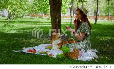A young woman is relaxing with her dog on a picnic in the park. Picnic in nature 89601325