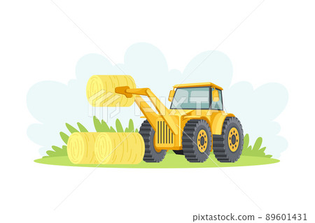 Yellow tractor hay baler agricultural farming machinery vector illustration on white background 89601431