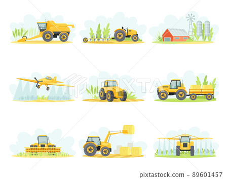 Agricultural farming machinery set. Tractor, plow, combine harvester, airplane, crop sprayer vector illustration Agricultural farming machinery set. Tractor, plow, combine harvester, airplane, crop sprayer vector illustration 89601457