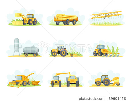 Agricultural farming machinery set. Tractor, trailer loading with hay, combine harvester, airplane vector illustration 89601458