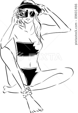 Line art of a woman holding a camera 89601466