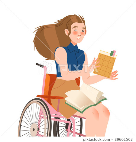 Bookcrossing with Happy Woman Character on Wheelchair Reading Borrowed Paper Book Vector Illustration 89601502