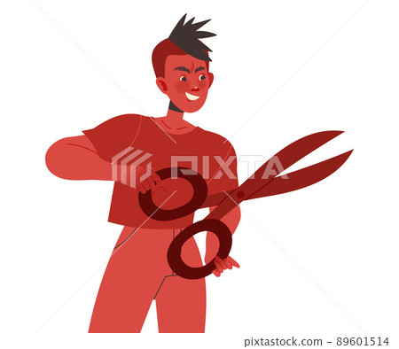 Red Man Aggressor with Scissors Abusing and Insulting Weak Vector Illustration 89601514